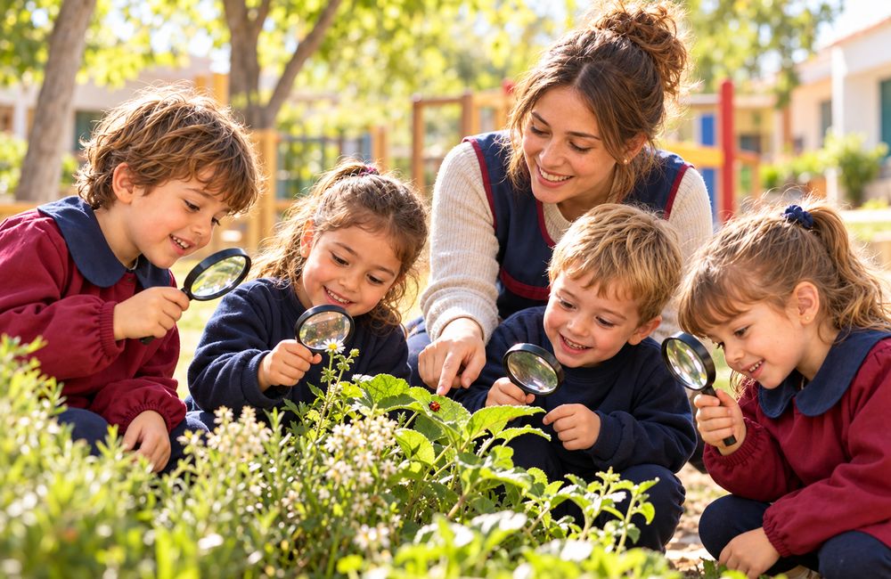 Niños de Nivel Inicial observando plantas con lupas junto a su docente en el patio