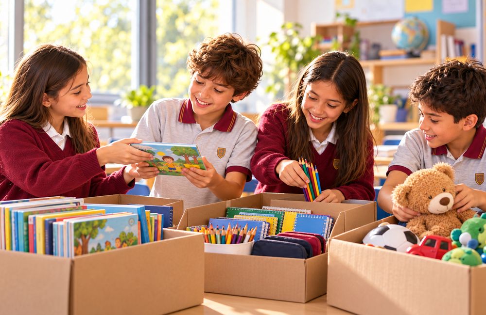 Alumnos armando cajas de donaciones con libros, útiles y juguetes