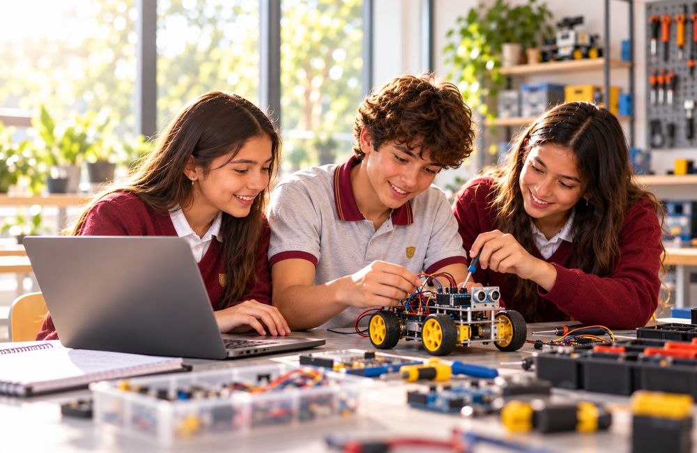 Estudiantes armando y programando un robot en el laboratorio