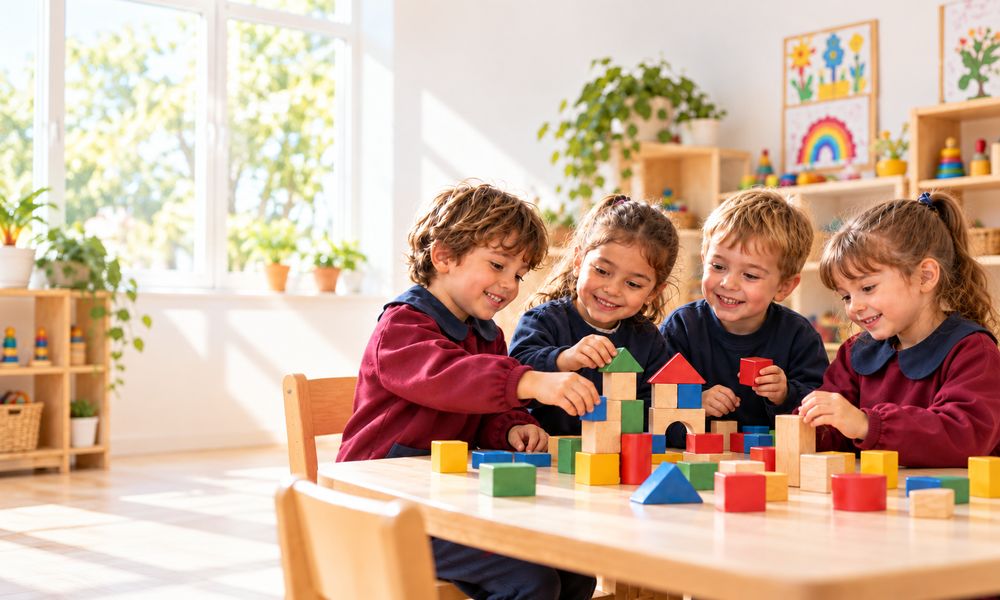 Niños de Nivel Inicial jugando con bloques de colores en la sala
