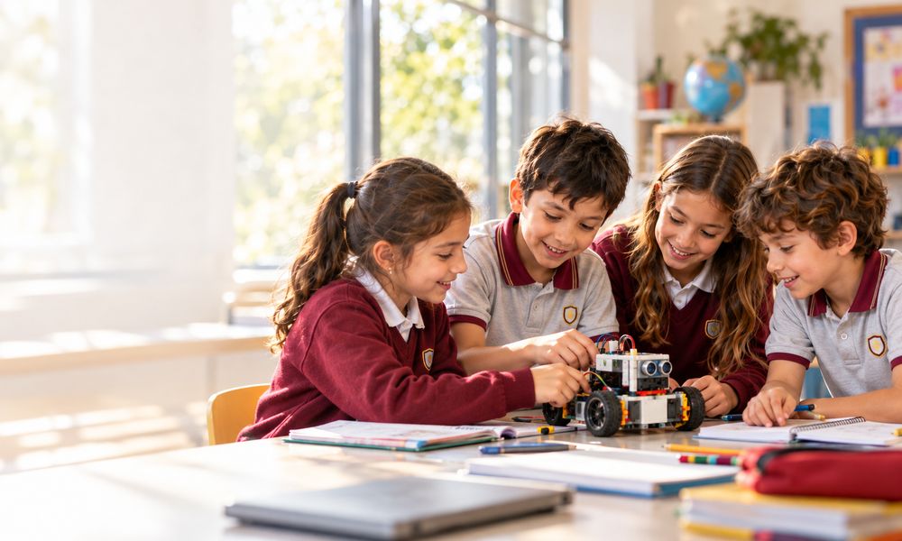 Alumnos de Nivel Primario armando un robot en clase