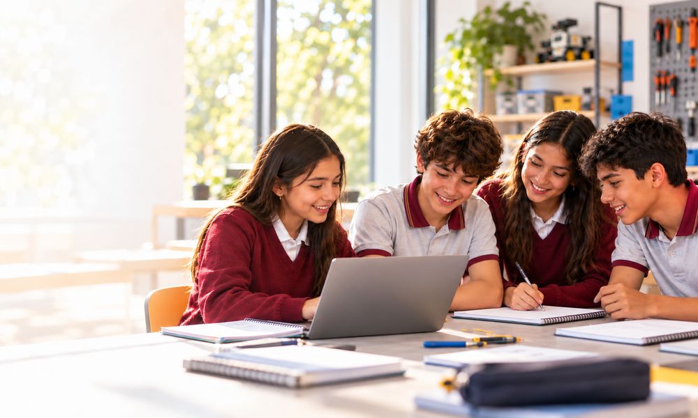 Estudiantes de Nivel Secundario trabajando en equipo con una notebook